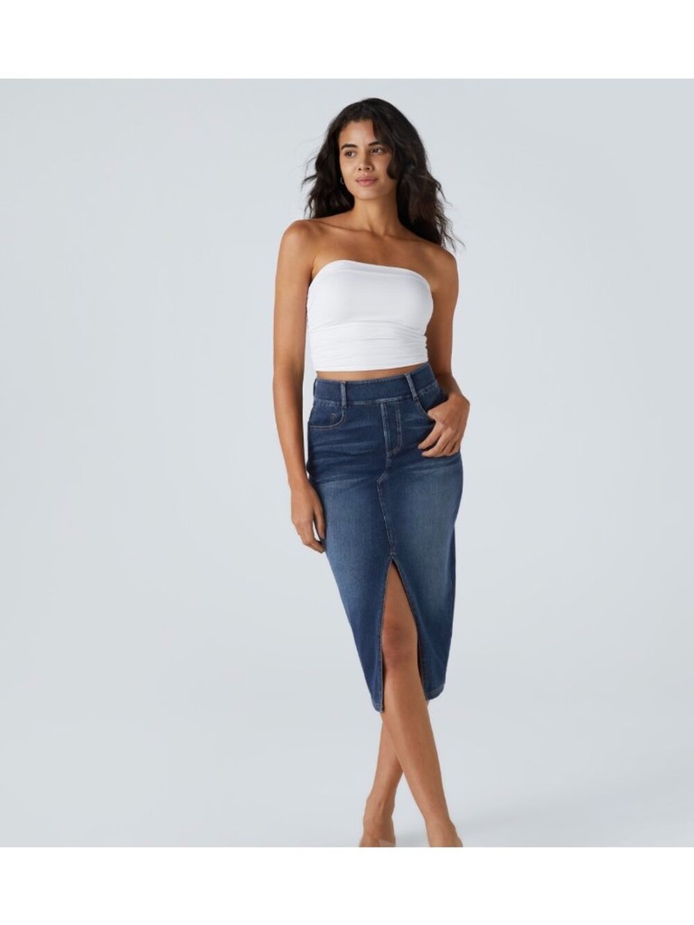 Halara M Blue Denim Pencil Skirt Medium Stretch Fabric High-Waist Midi Length Wi